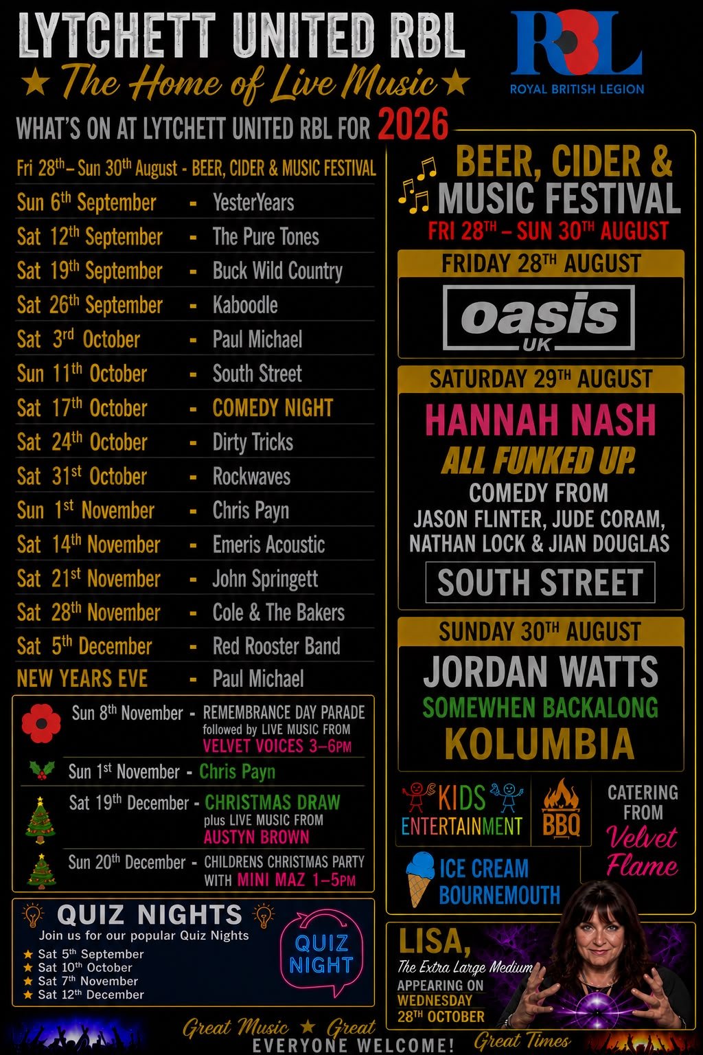 WHATS ON FROM 28TH AUGUST TILL 31ST DECEMBER 2026
